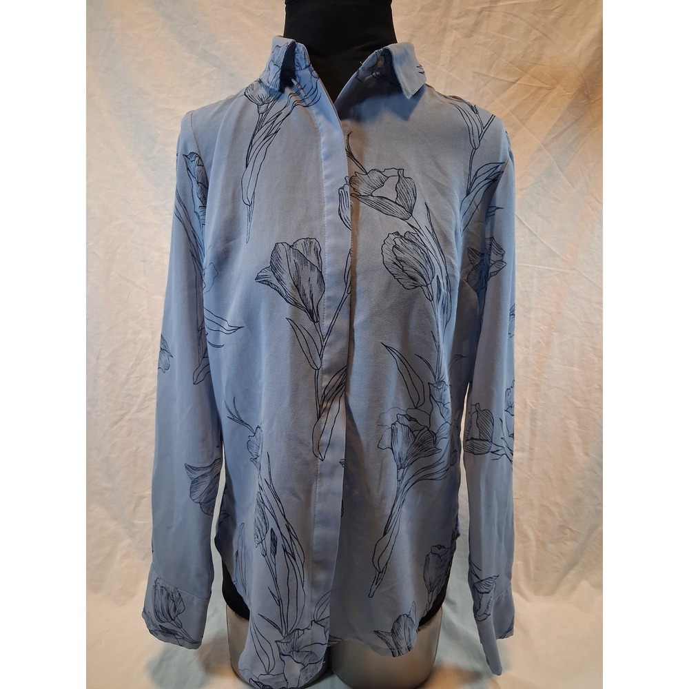 A New Day Womens XS Light Blue Floral Button Down Long Sleeve Blouse Chiffon